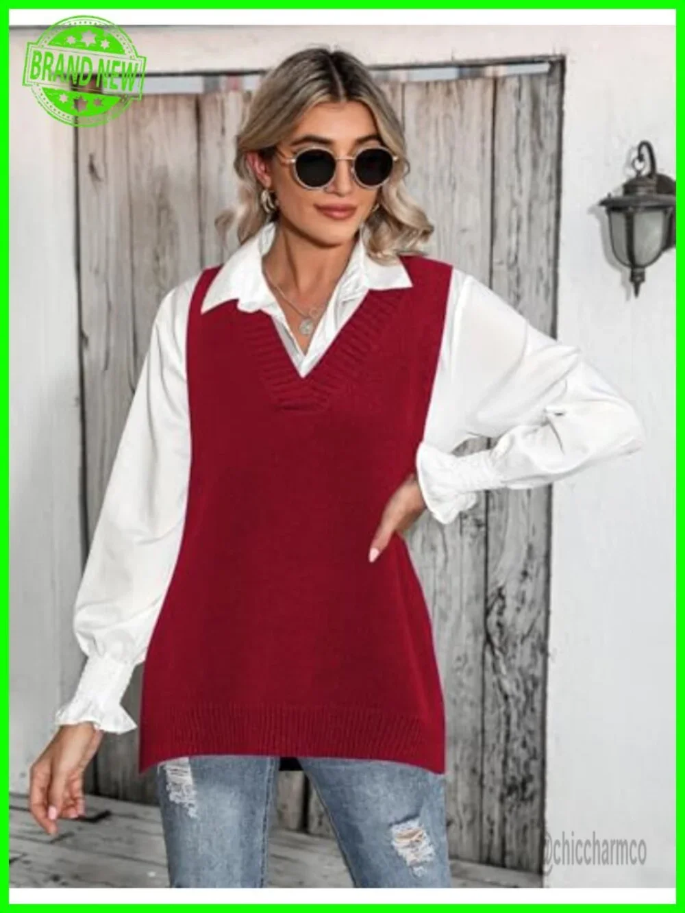 Sweater Vest Sleeveless V Neck Oversized Pullover Knitted Top